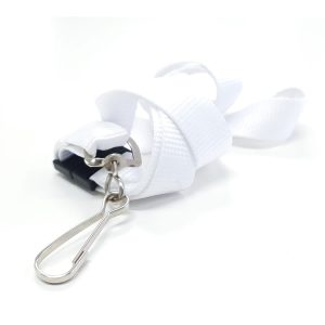 A white 19mm custom lanyard with a metal clip and logo branding.