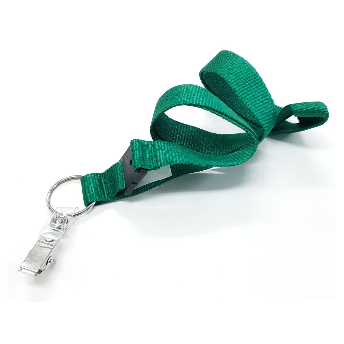 A green 19mm custom lanyard with a metal clip and keyring attachment.