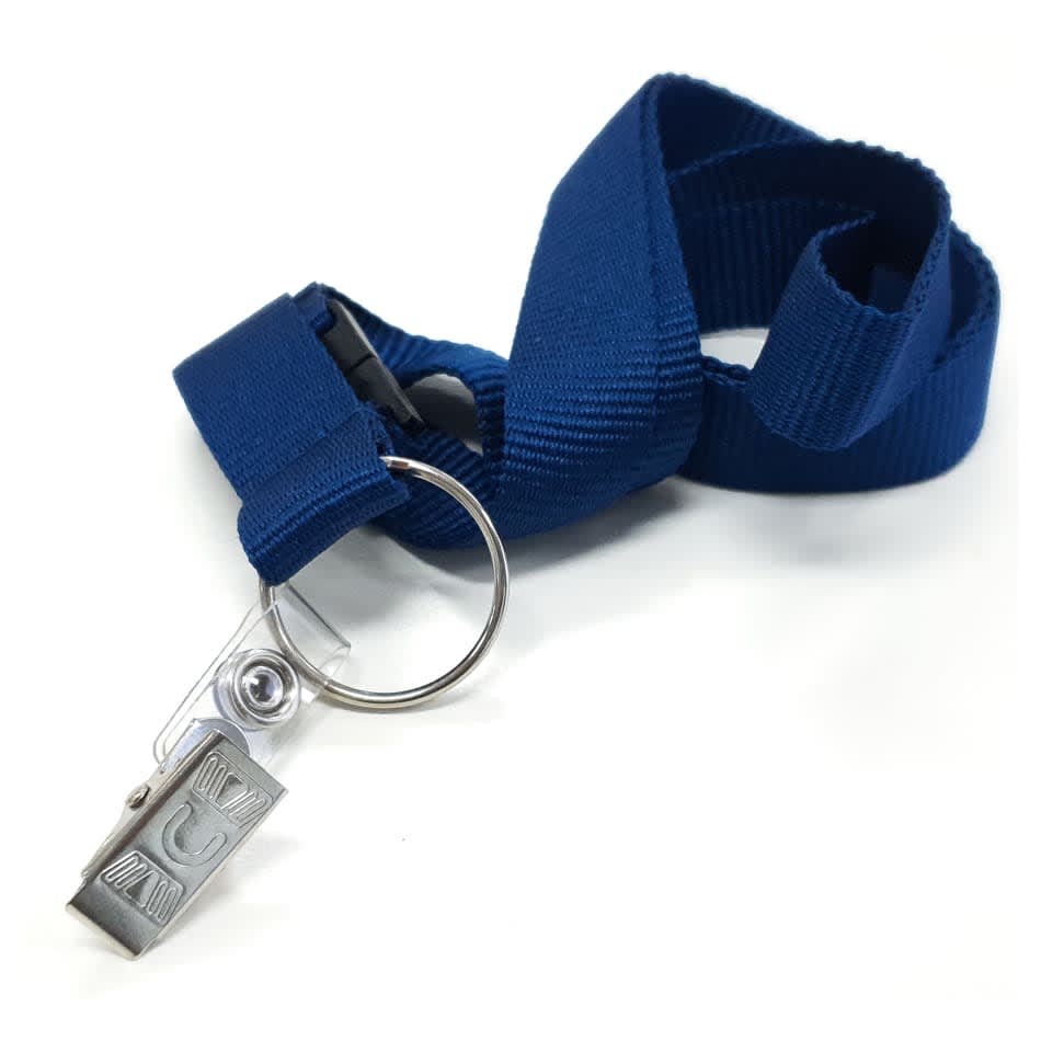 A navy blue 19mm custom lanyard with a silver metal clip and key ring attachment.