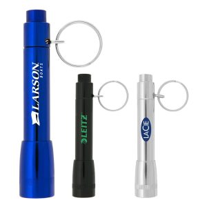 A set of three flashlights in blue, black, and silver, each with a keyring attachment and branding.