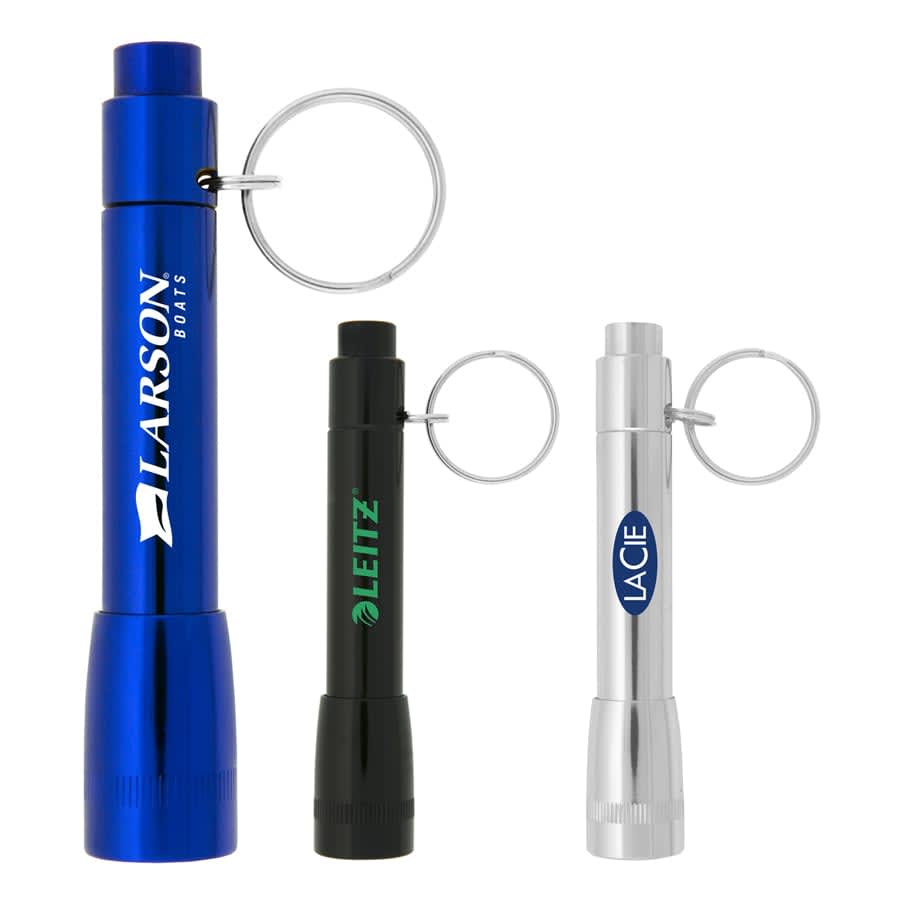 A set of three flashlights in blue, black, and silver, each with a keyring attachment and branding.