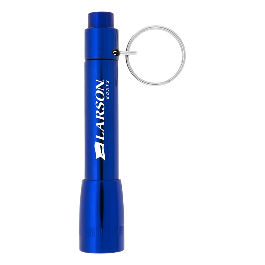 A blue flashlight with a keyring attachment and a branded logo on the body.