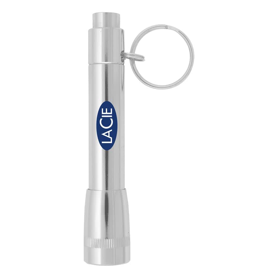 A silver flashlight with a keyring, featuring a blue logo on the side.