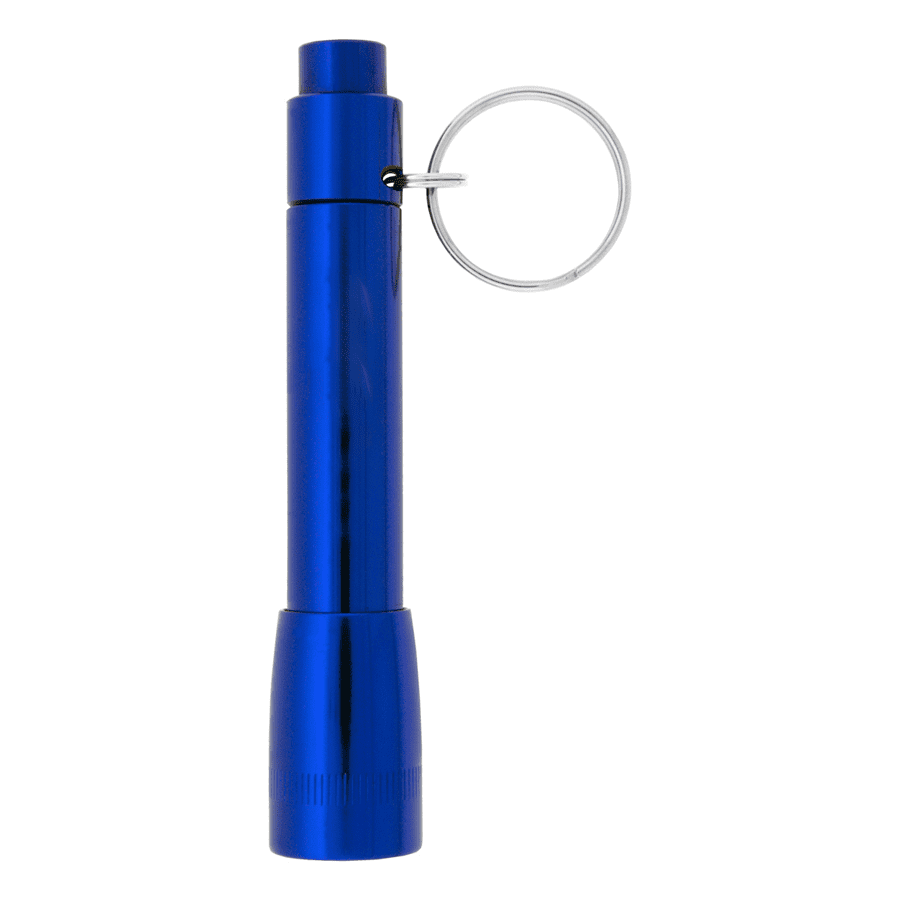 A blue flashlight with a keyring attachment, featuring a sleek metal design and a glossy finish.