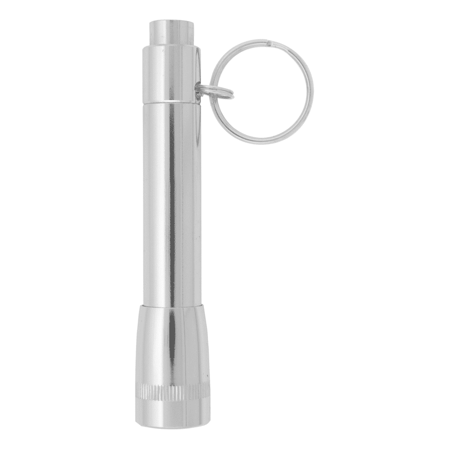 A silver Maverick flashlight with a keyring attachment, featuring a cylindrical body and a pointed end.
