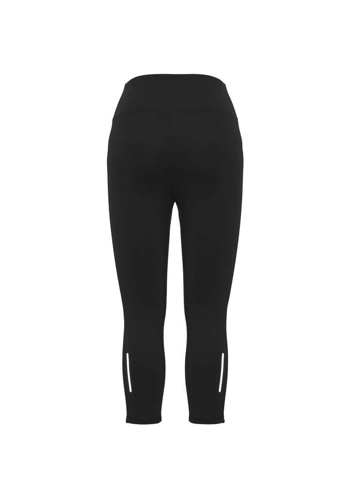 Black women's 3/4 leggings featuring a form-fitting design and reflective details on the lower legs.