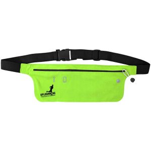 A bright green Lycra fitness belt with a zippered pocket and a clip, featuring a logo.