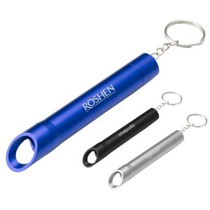 A drink bottle opener keychain in blue, black, and silver, featuring a keyring and branding.