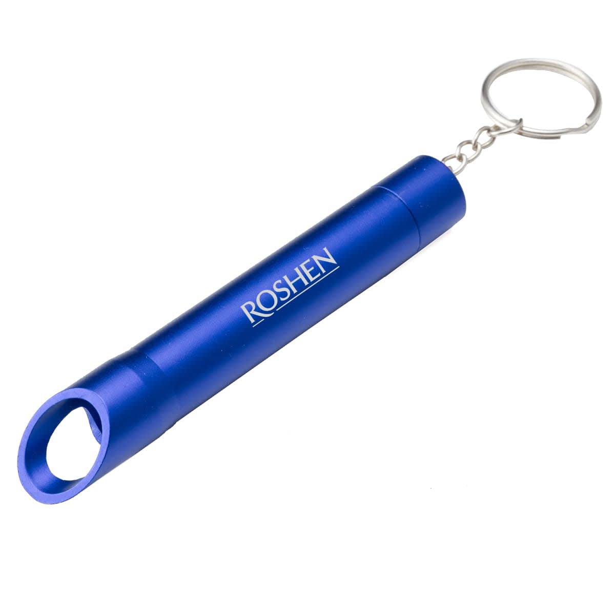A drink bottle opener keychain in a vibrant blue colour, featuring a keyring attachment and a logo.