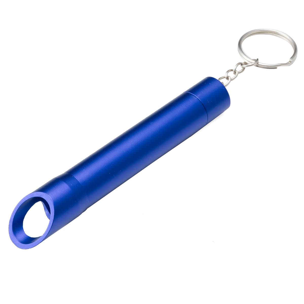 A blue drink bottle opener keychain with a sleek metallic design and a keyring attachment.