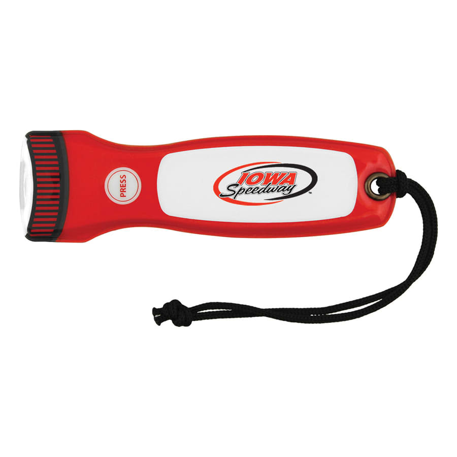 A red and white magnetic flashlight with a black strap and logo on the side.