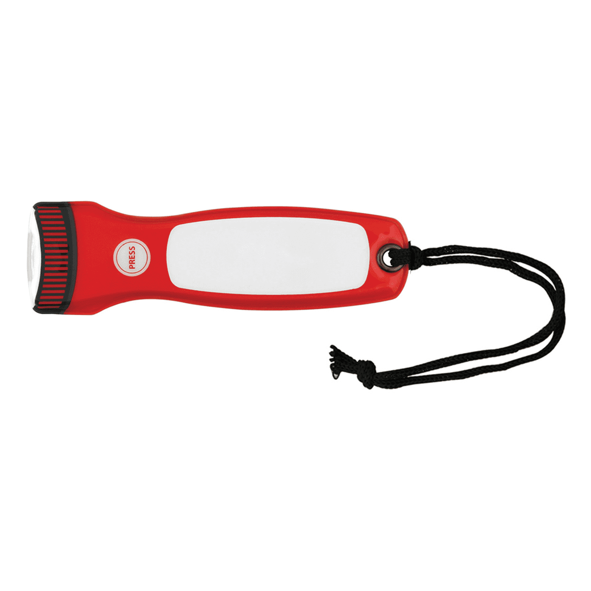 A red flashlight with a white panel and a wrist strap. It features a logo on the body.