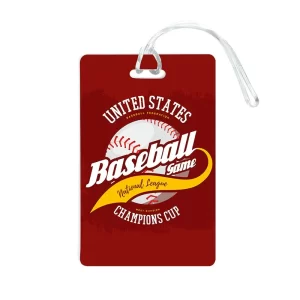 A red imprinted mini luggage tag with a baseball design and a clear attachment strap. It features a logo.