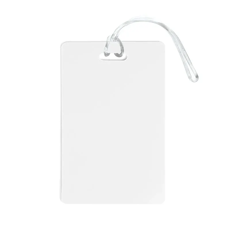 A clear, rectangular luggage tag with a loop attachment, featuring a blank surface for custom imprints.
