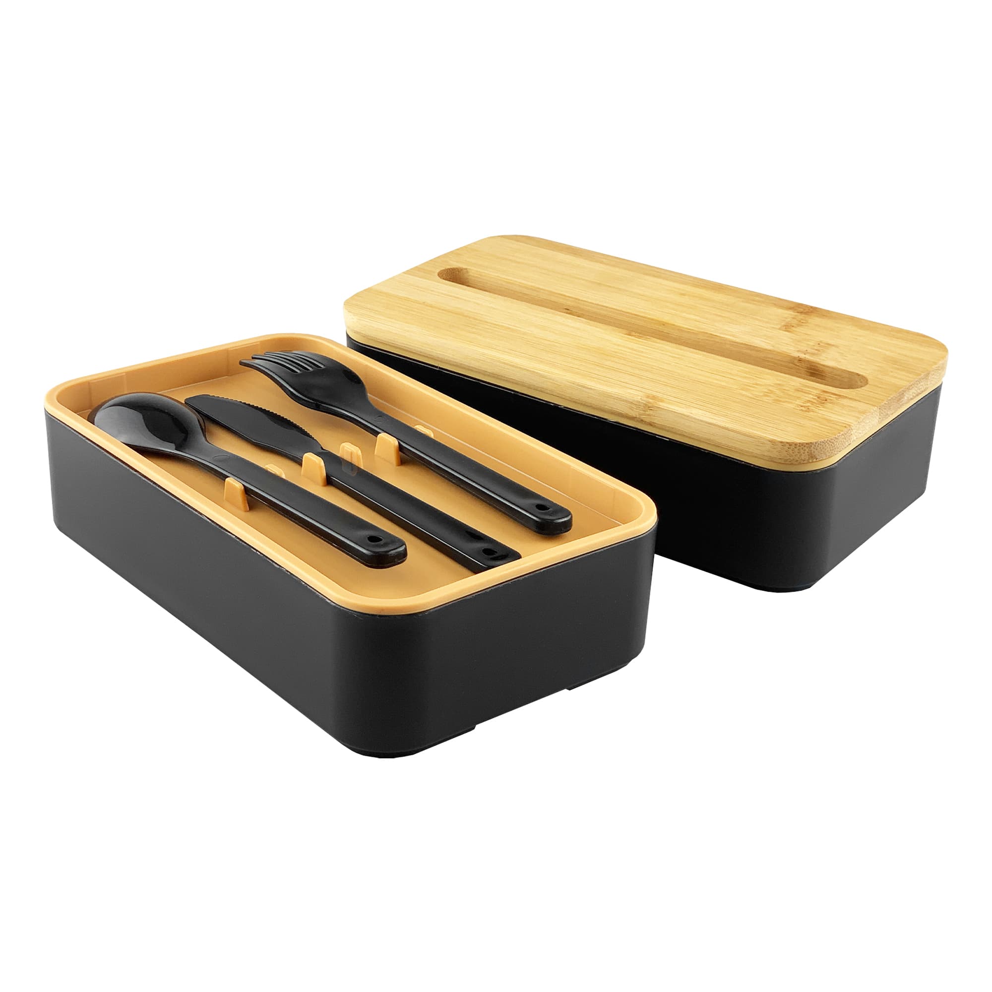A black bamboo lunch box with a bamboo lid, featuring utensils in orange inserts. Includes a fork, spoon, and knife.