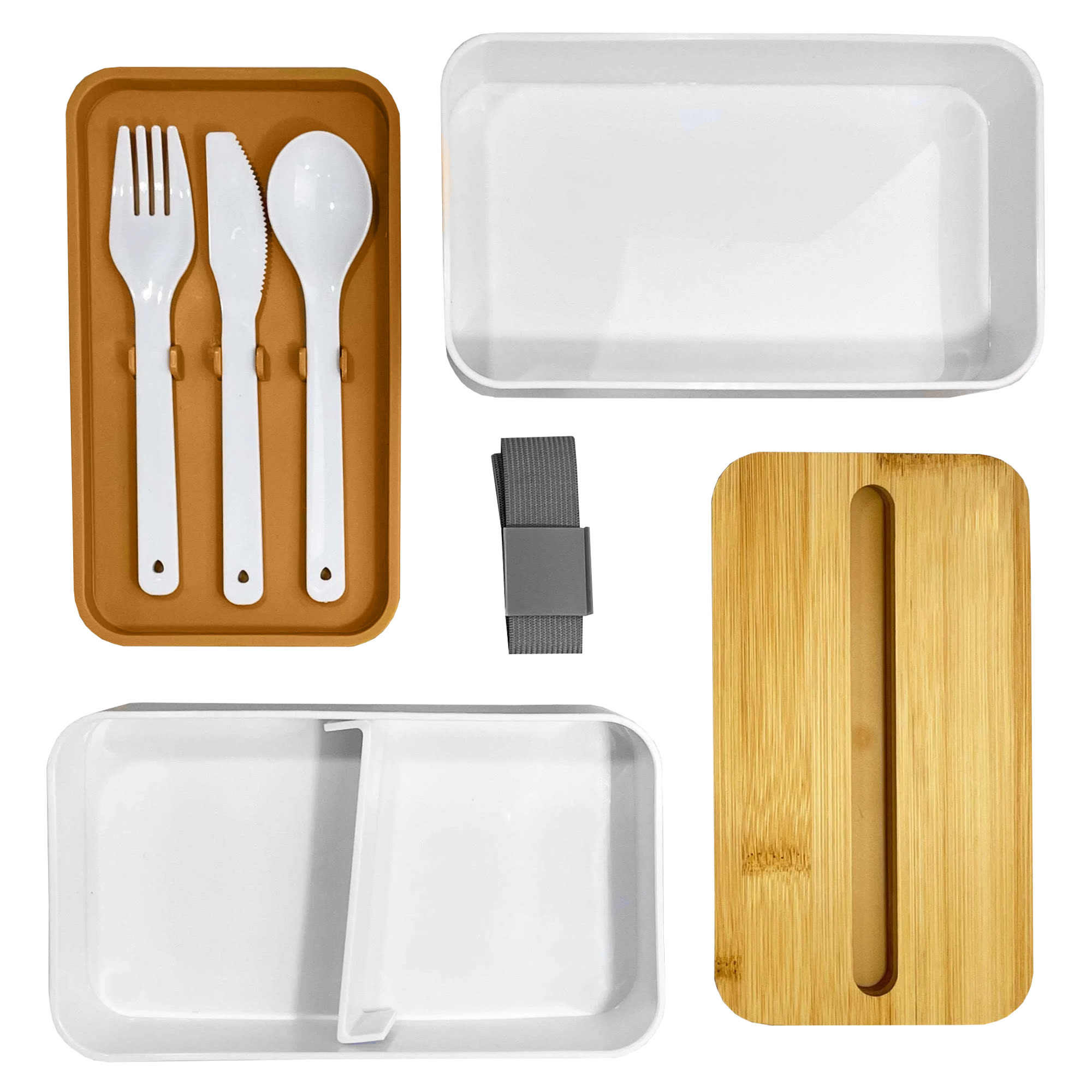 A bamboo lunch box pack featuring a bamboo lid, white containers, cutlery in white, and a grey securing strap.