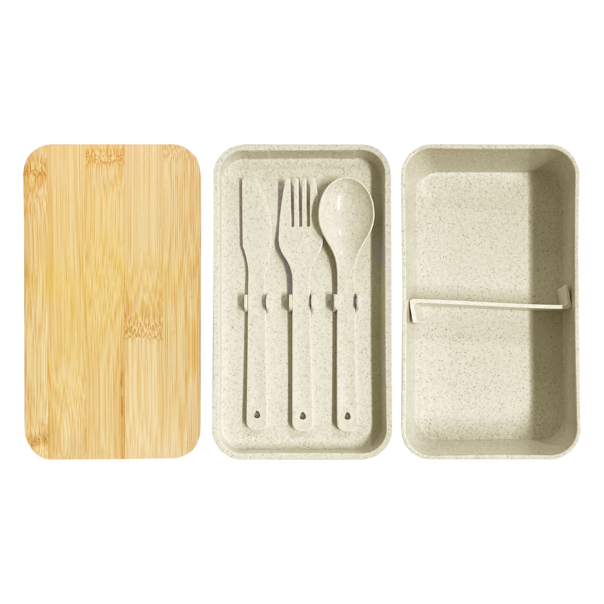 A wheat straw lunch box pack with a bamboo lid, featuring a compartment and reusable utensils in a neutral colour.