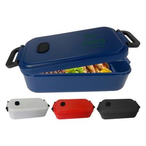 A blue lunch box with a handle, featuring a clear lid. Available in white, red, and black options. Includes a logo.