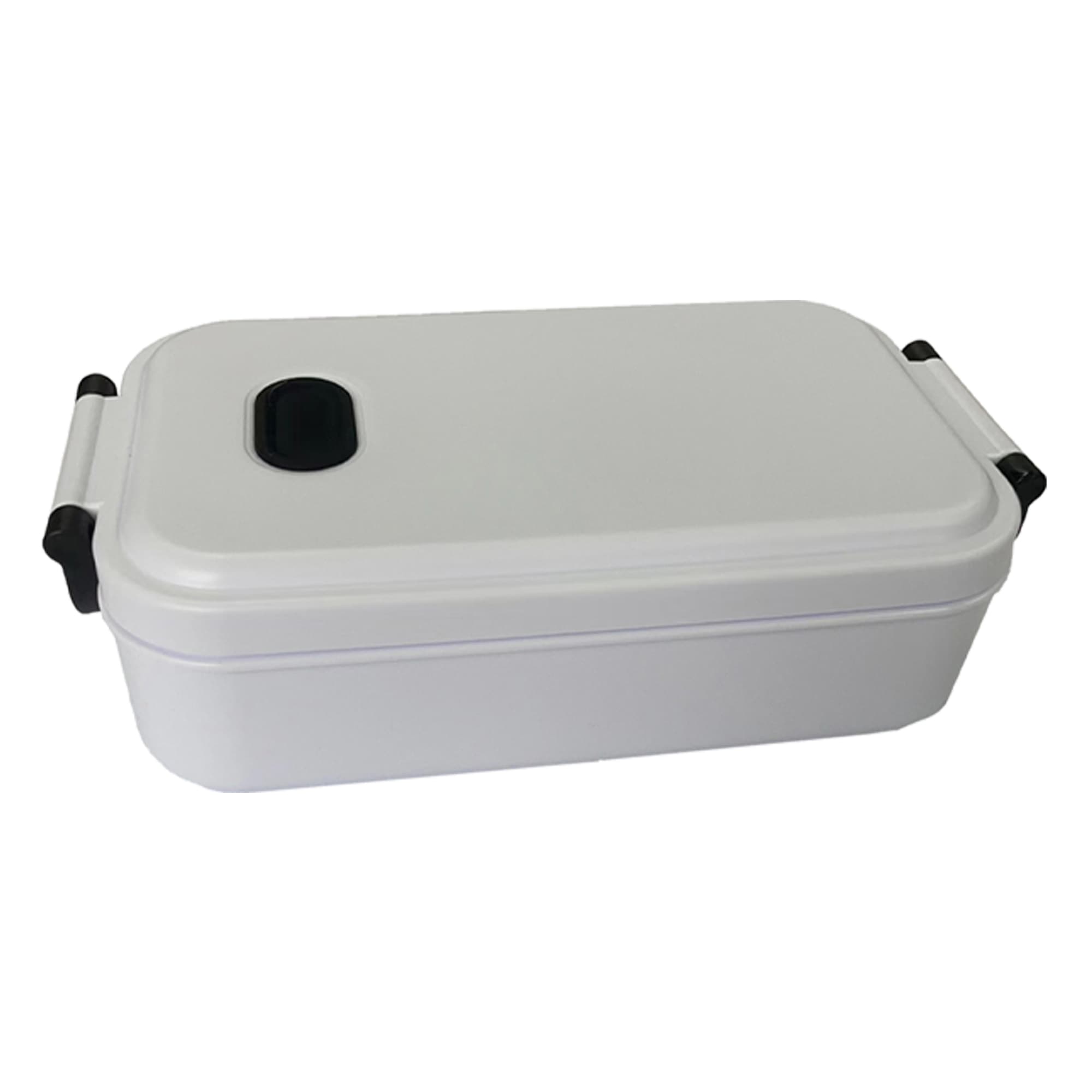 A white lunch box with a secure lid and black clips, featuring a small circular opening on top.