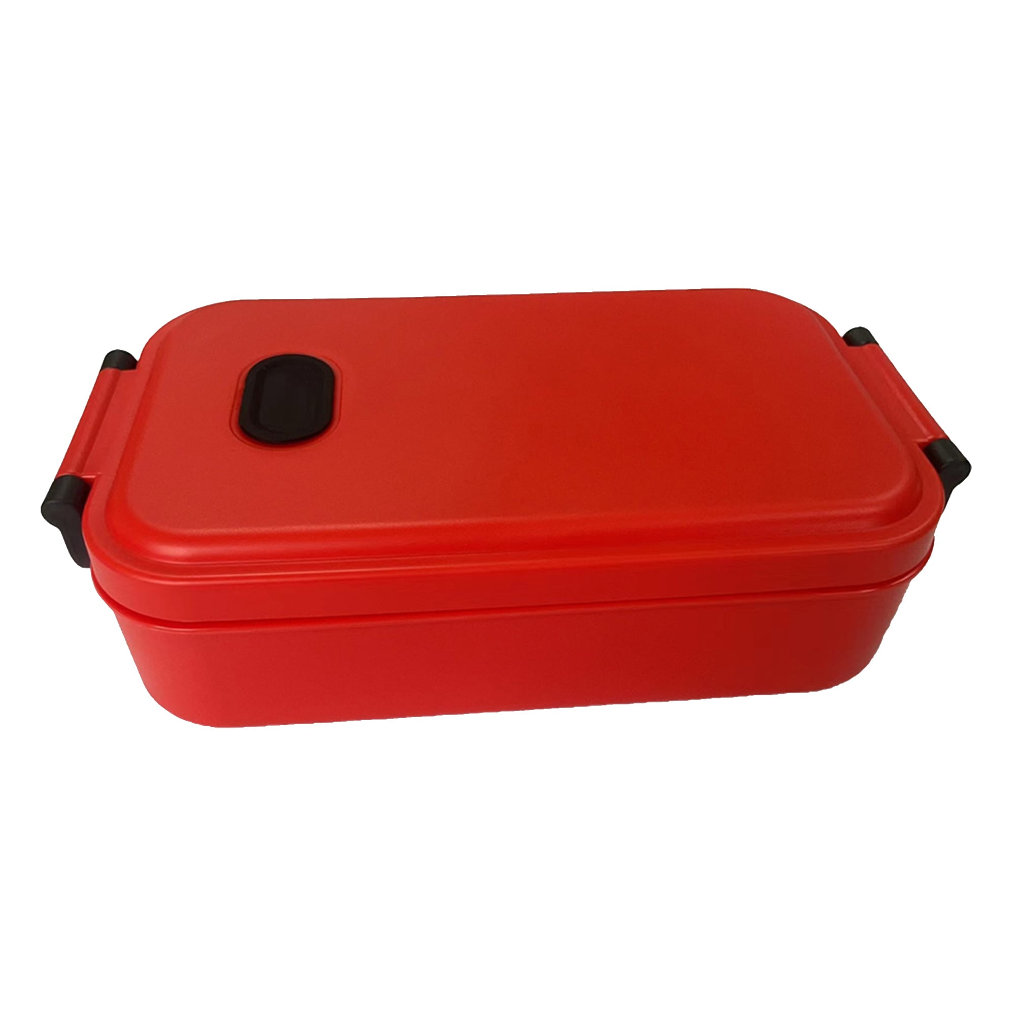 A red lunch box with a secure lid and handles. Designed for carrying food, features a logo.