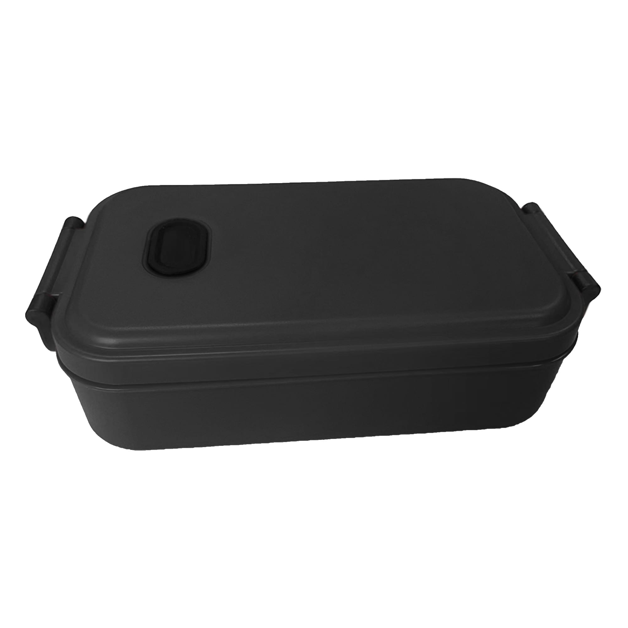 A black lunch box with a secure lid and handles. The product features a simple, sleek design.