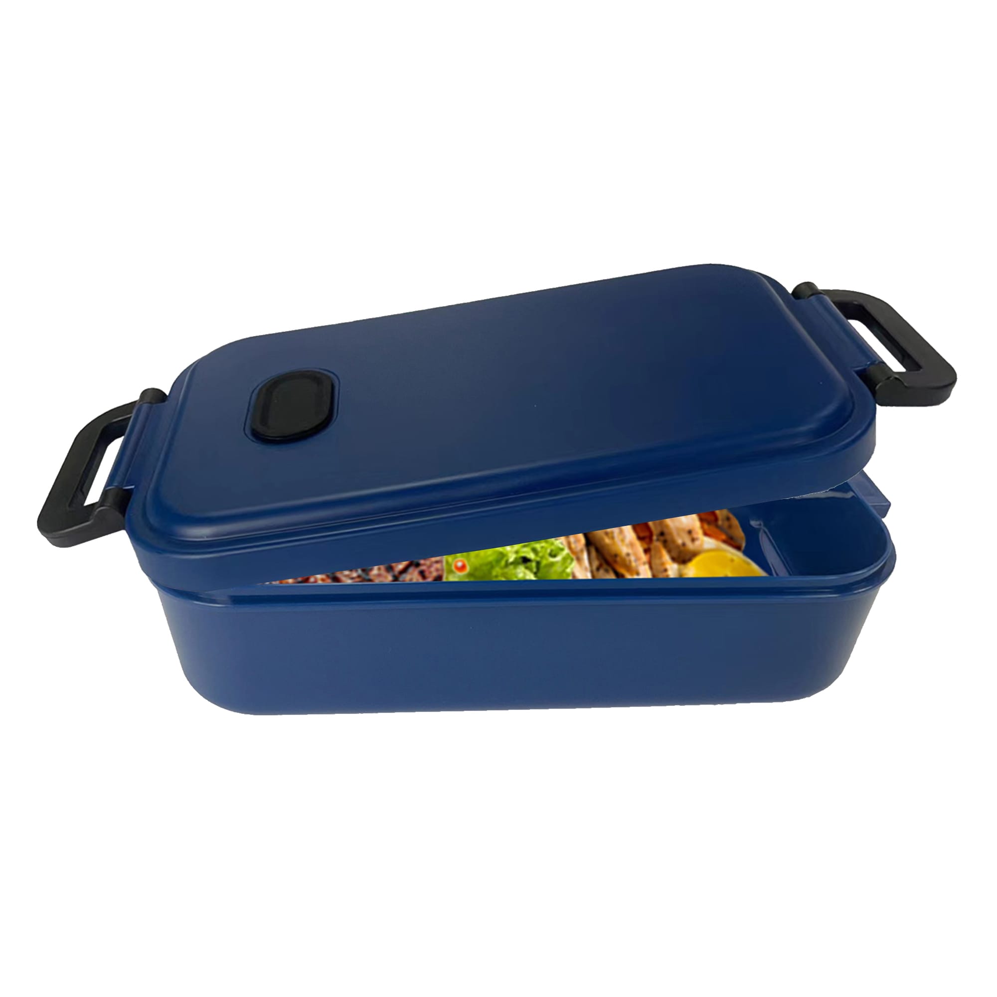 A navy blue lunch box with a lid slightly open, revealing compartments filled with food and a small logo.