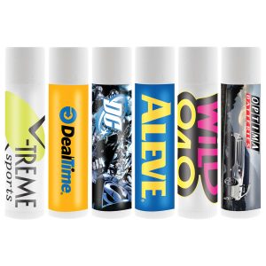 A collection of six lip balm tubes in various designs and colours, each featuring different branding and logos.