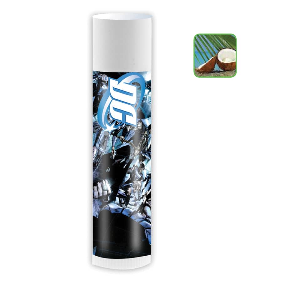 A lip balm in a tall, cylindrical tube featuring a blue and silver design, with a logo on the packaging.