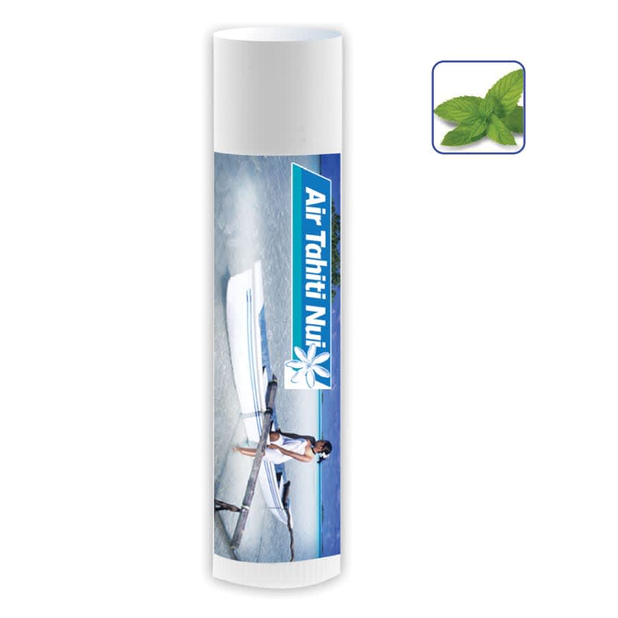 A white tube of lip balm with a logo, featuring a mint flavour and a beach scene on the packaging.