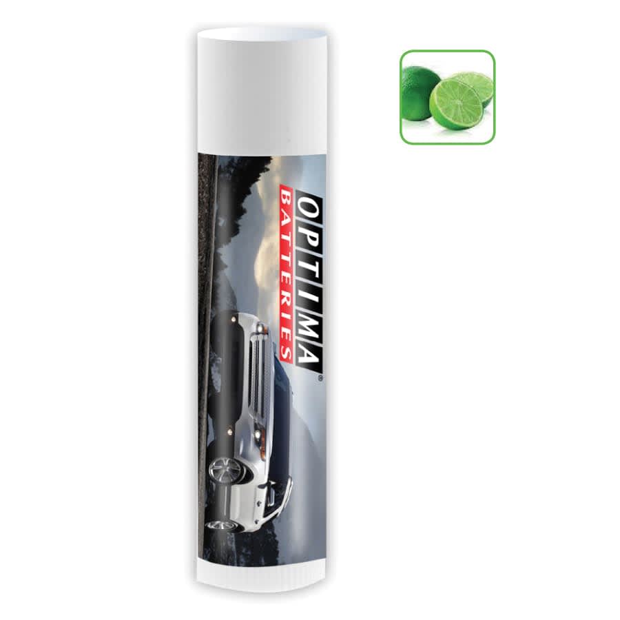 A white lip balm tube with a logo, featuring a car design and a green icon of lime.