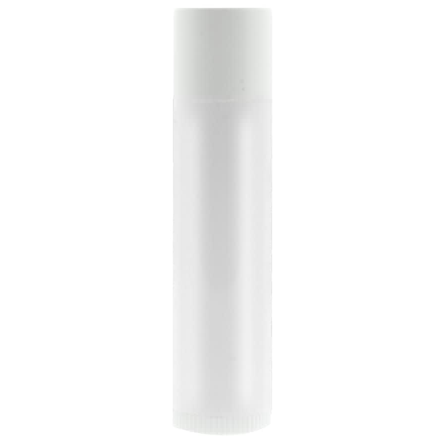 A clear lip balm container with a white cap, featuring a simple design and a visible branding logo.