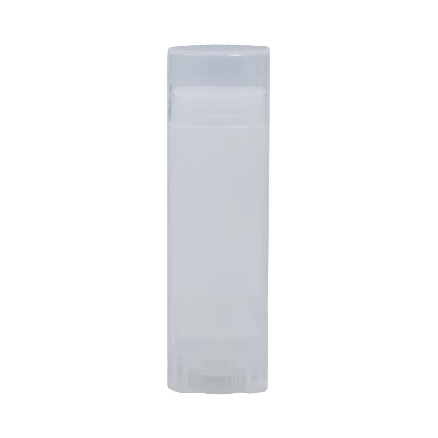 A clear tube of lip balm in a cylindrical shape with a twist-up base. The container is simple and unbranded.