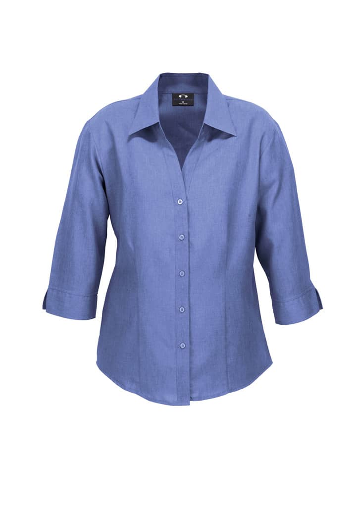 A ladies' blue 3/4 sleeve shirt with a collar, featuring a button-down front and a logo.