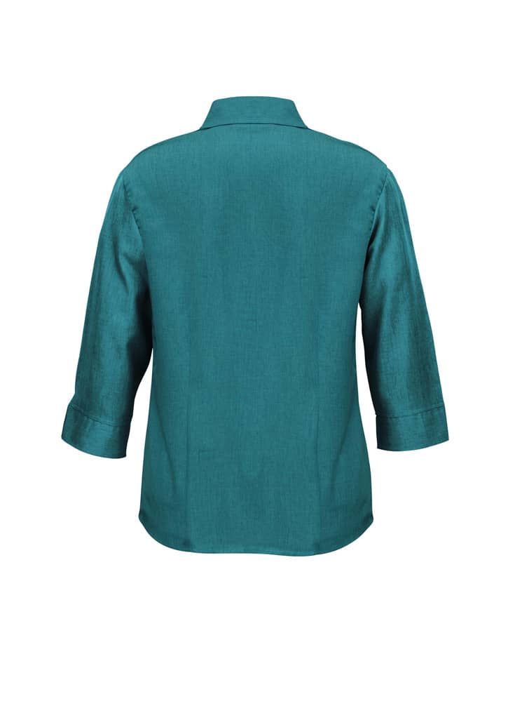 A teal ladies' shirt featuring 3/4 sleeves and a back view. Includes a collar and a branding logo.