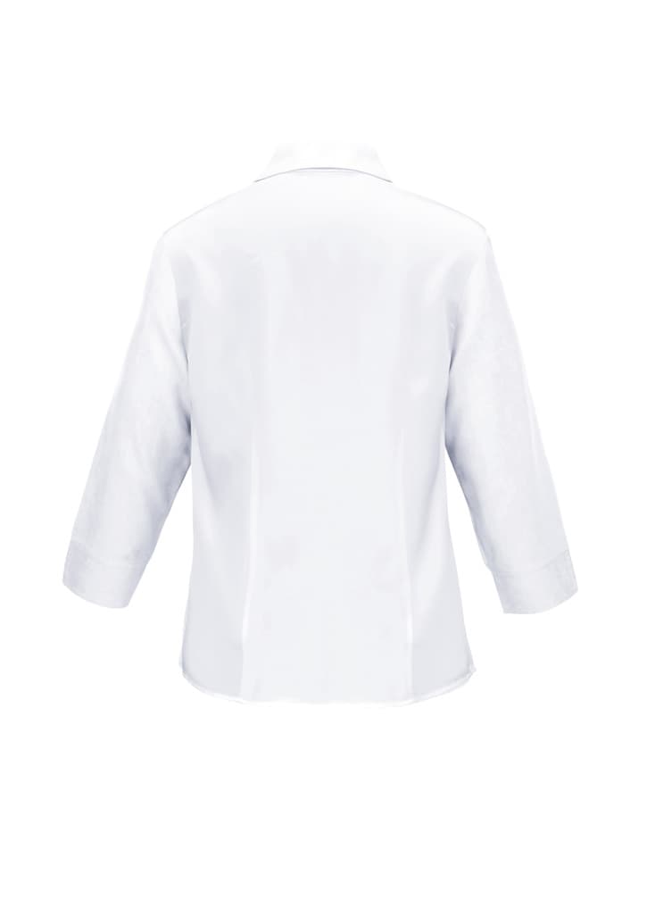 A plain white ladies' shirt with 3/4 sleeves and a back view, featuring a subtle collar and a logo.