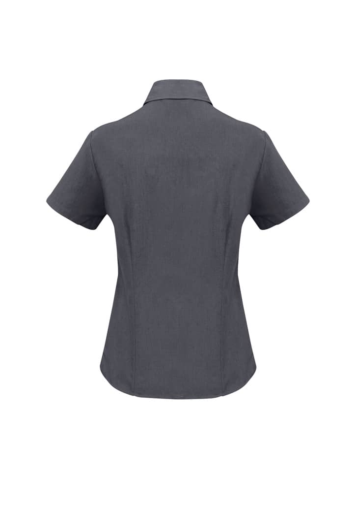 A grey ladies' plain short sleeve shirt with a collared neckline and a fitted design. It has a logo on the back.