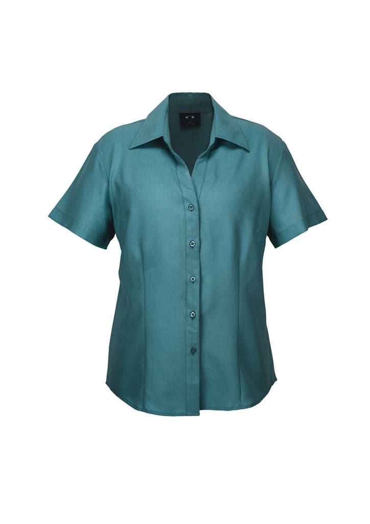 A teal short-sleeve button-up shirt with a collar and a logo on the chest.