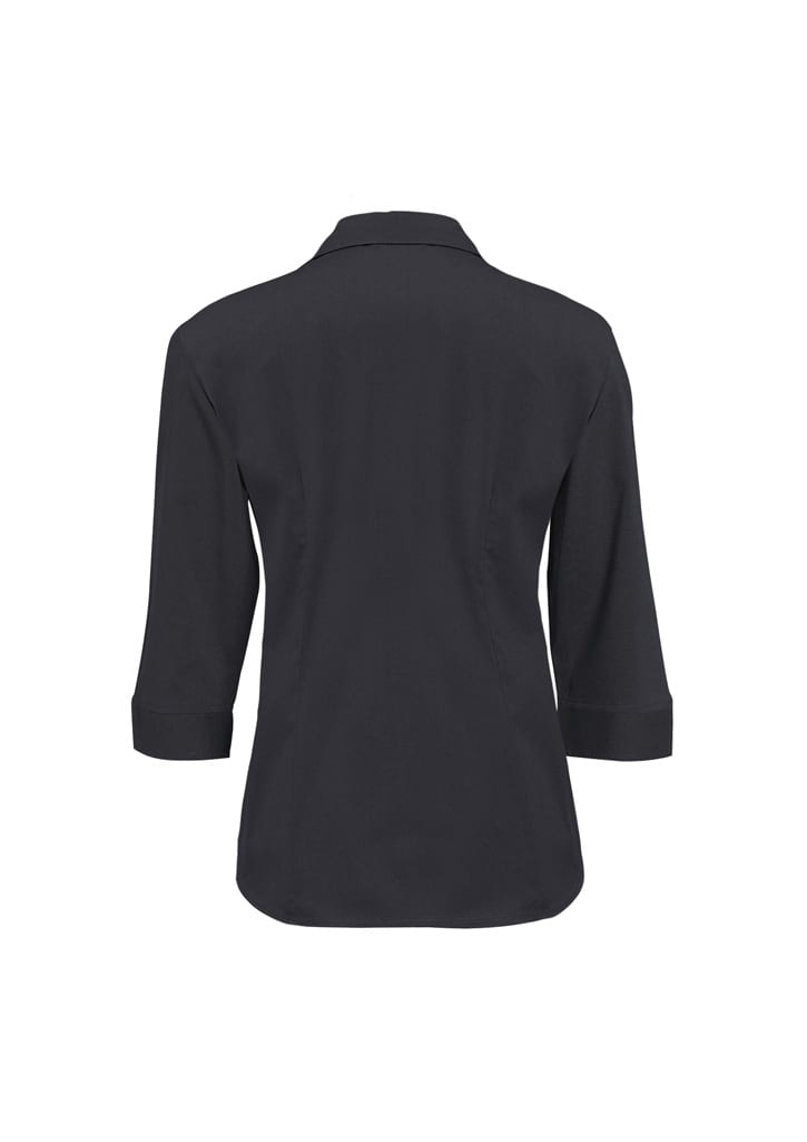 A black women's 3/4 sleeve button-up shirt with a collar and a fitted design. It has a logo on the back.