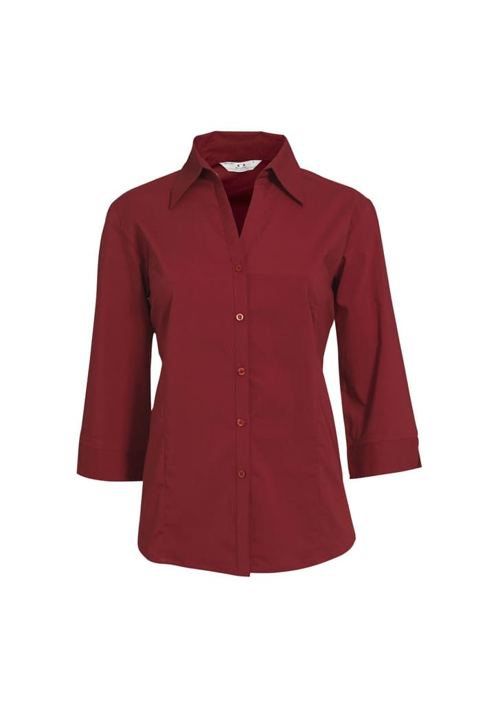 A red women's button-up shirt with 3/4 sleeves and a classic collar design. Features a logo on the label.
