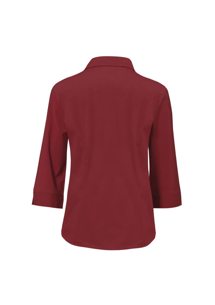A red women's 3/4 sleeve button-up shirt with a collar, featuring a plain back design.
