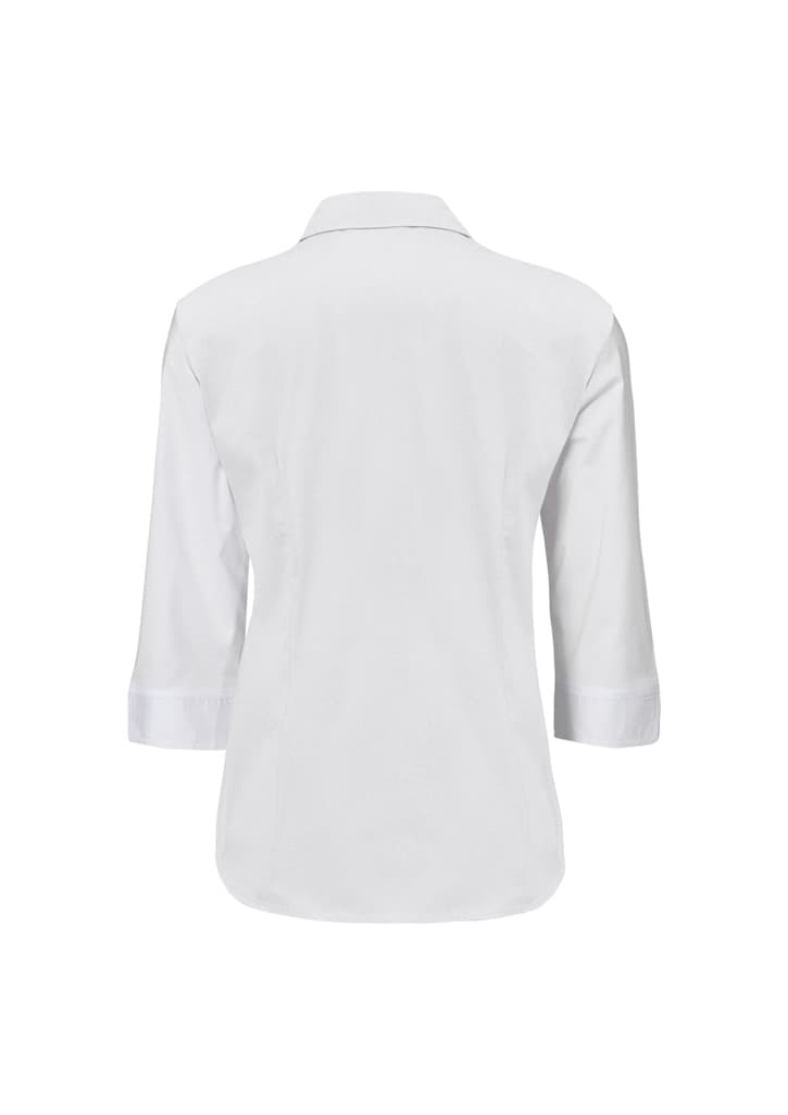 A white women's 3/4 sleeve button-up shirt with a classic collar and folded sleeves. It features a small logo.