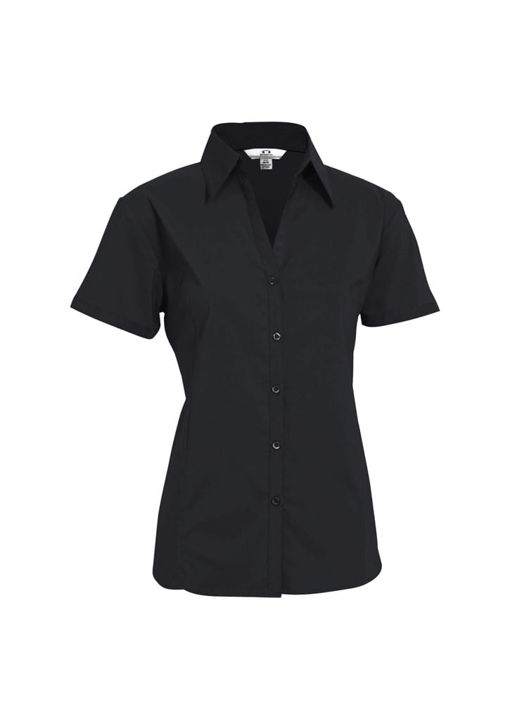 A black women's short sleeve button-up shirt featuring a collared neckline and a fitted design.