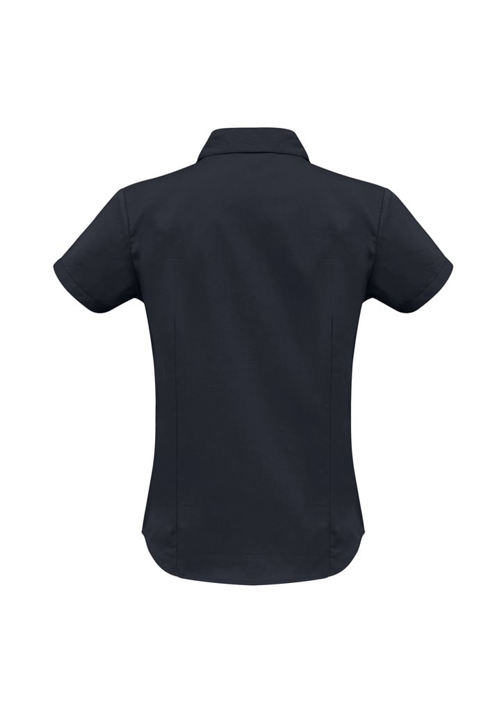 A women's short sleeve shirt in dark navy, featuring a button-up design and a logo on the back.