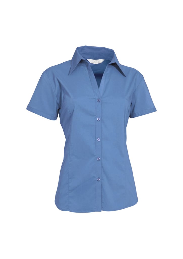 A blue women's short sleeve button-up shirt with a collar and a logo.