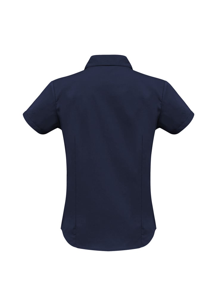 A women's navy short sleeve button-up shirt with a collar, featuring a sleek, tailored design and a logo.