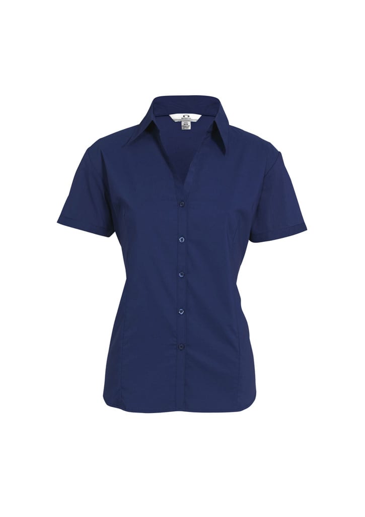 A navy blue women's button-up shirt with short sleeves and a collared neckline, featuring buttons down the front and a logo.