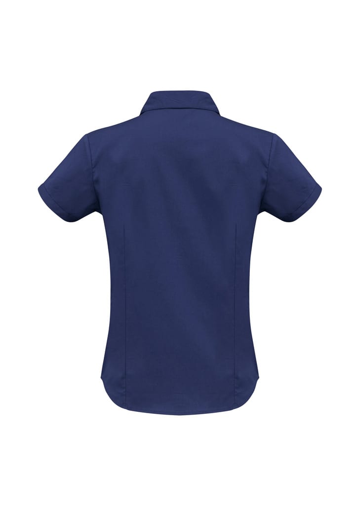 A navy women's short sleeve button-up shirt with a collar and a logo on the back.