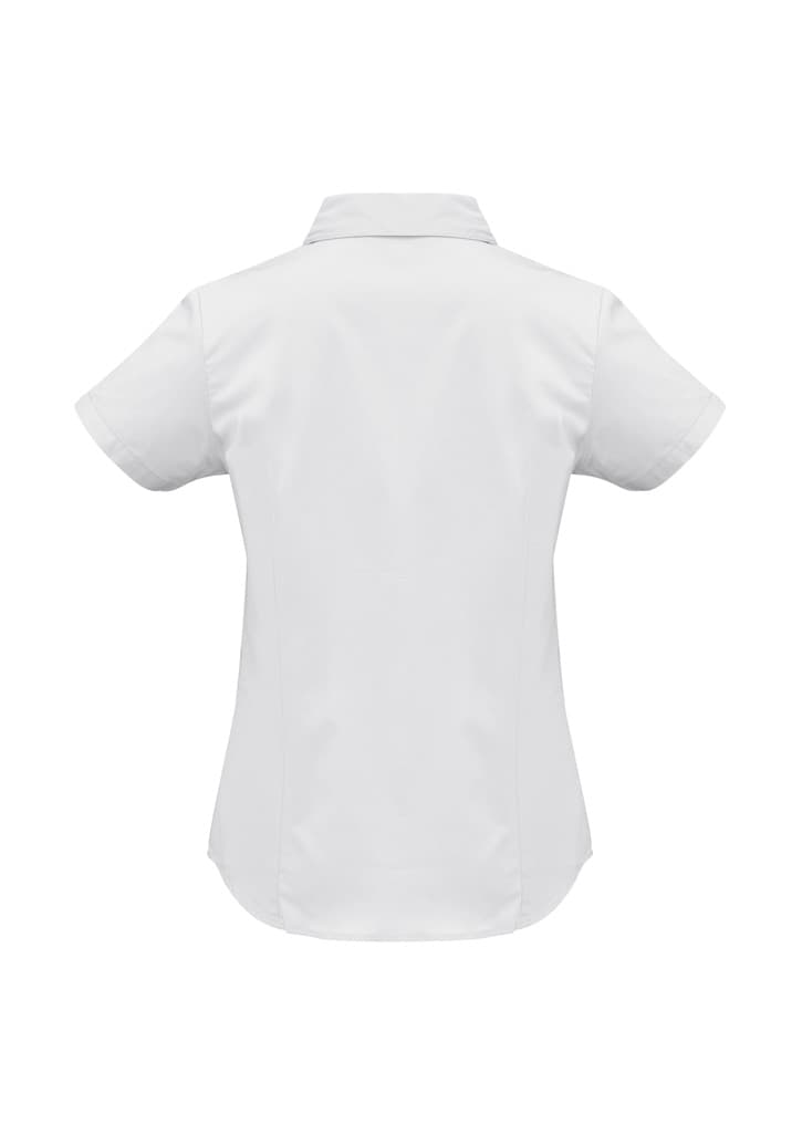 A women's short sleeve button-up shirt in white with a back view, featuring a collar and a small logo.
