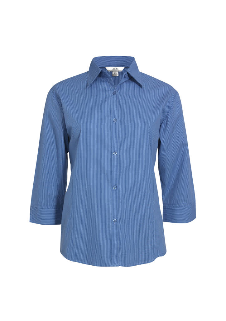 A blue women's micro check 3/4 sleeve button-up shirt with a collar and a logo.