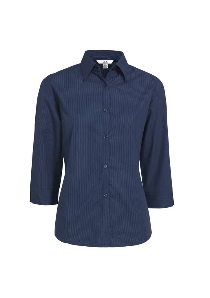 A navy blue women's button-up shirt with micro check pattern and 3/4 sleeves. It features a collar and buttons.